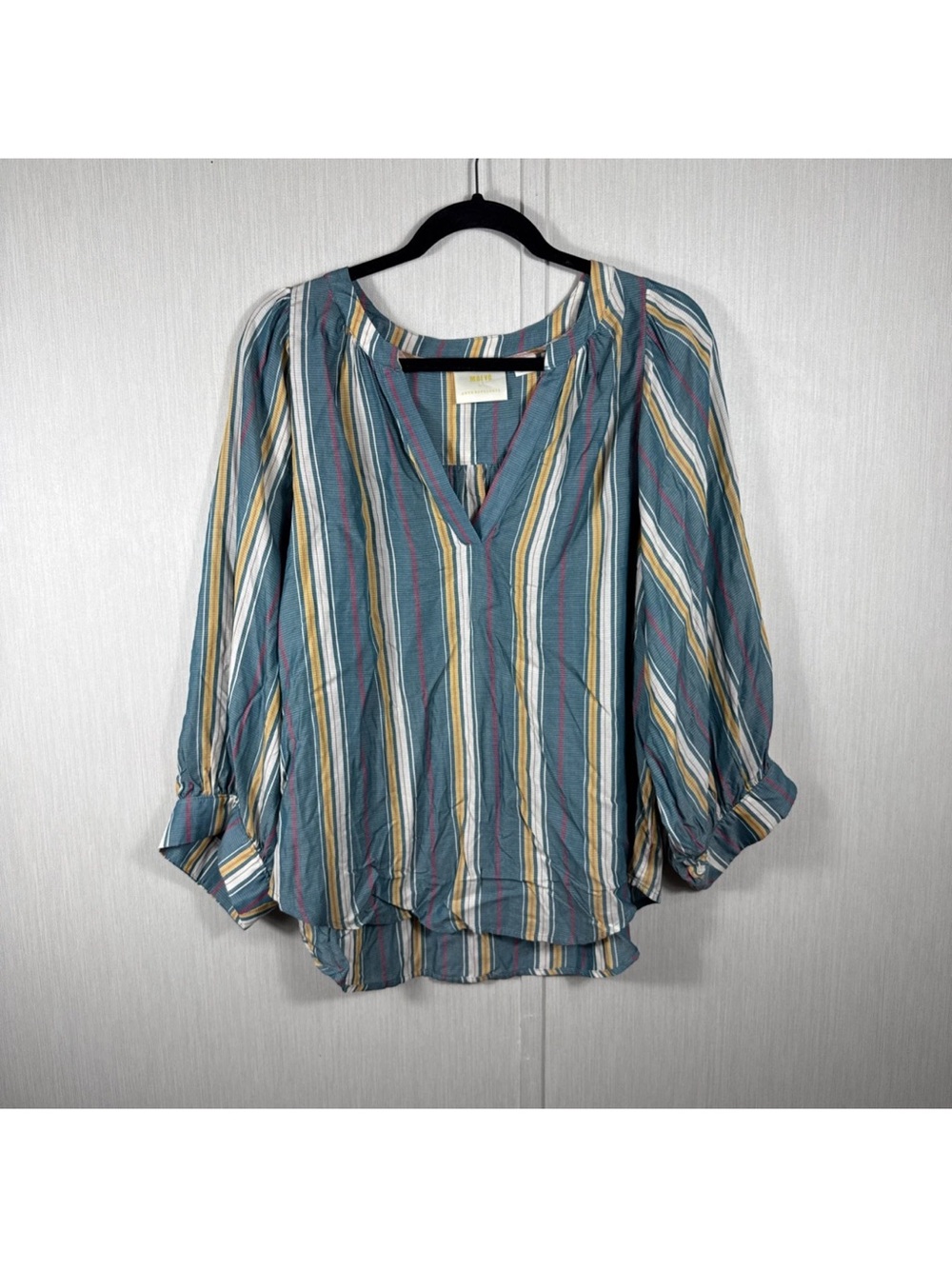 Maeve Anthropologie Womens Large Teal Striped V-Neck 3/4 Sleeve Tunic Blouse